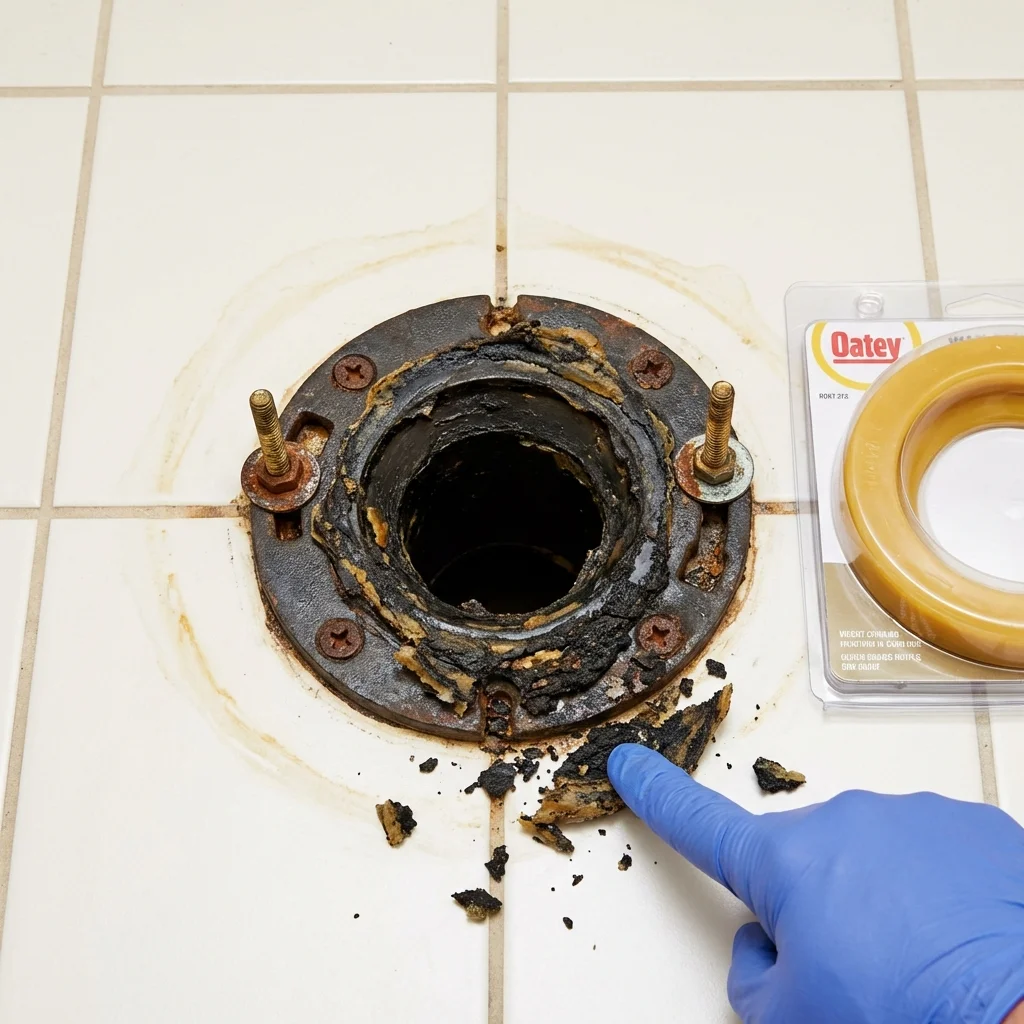 Failed wax ring showing water seepage at the base of a toilet in a Morton, PA home